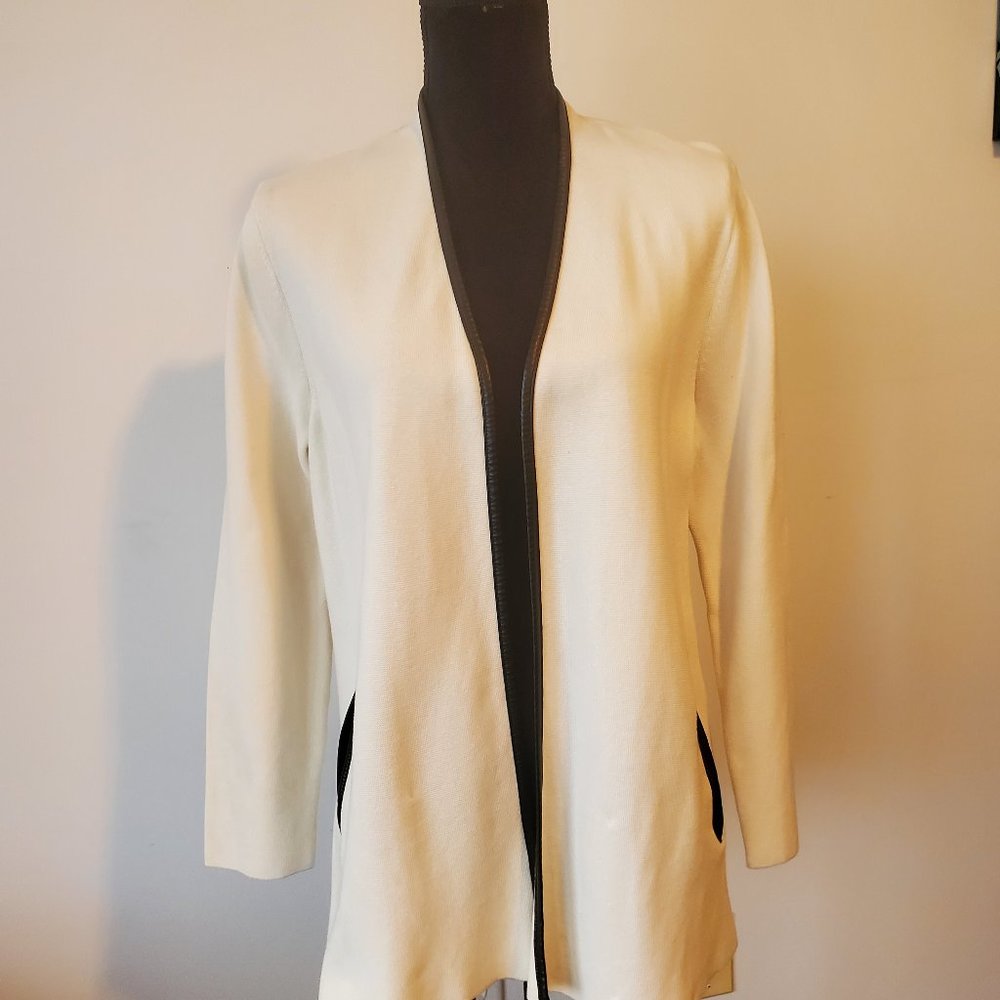 TALBOTS OPEN BLAZER CARDIGAN WOMENS SIZE L WHITE WITH BLACK LEATHER TRIM